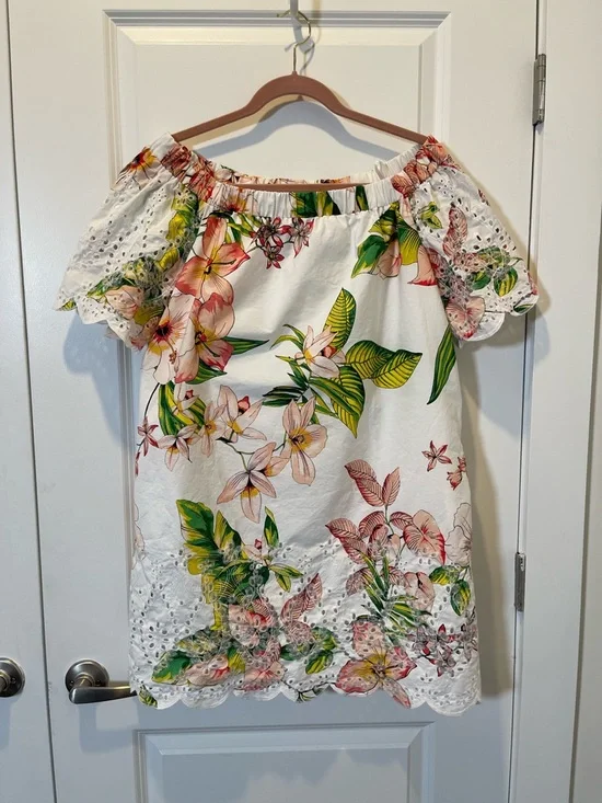 New York & Company White Floral Off-Shoulder Eyelet Mini Dress - Picture 3 of 5